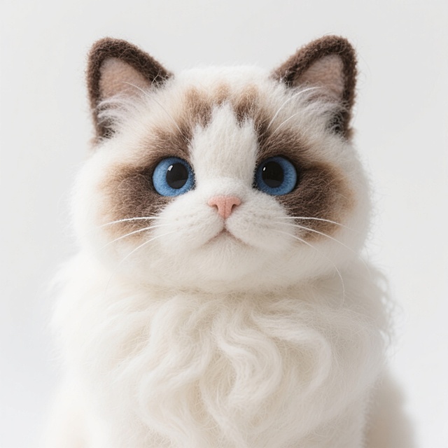 一只蓝眼睛的布偶猫，毛发蓬松柔软，主要为白色，夹杂着浅棕色和深棕色的斑纹，耳朵竖立，表情温和，背景为纯白色。