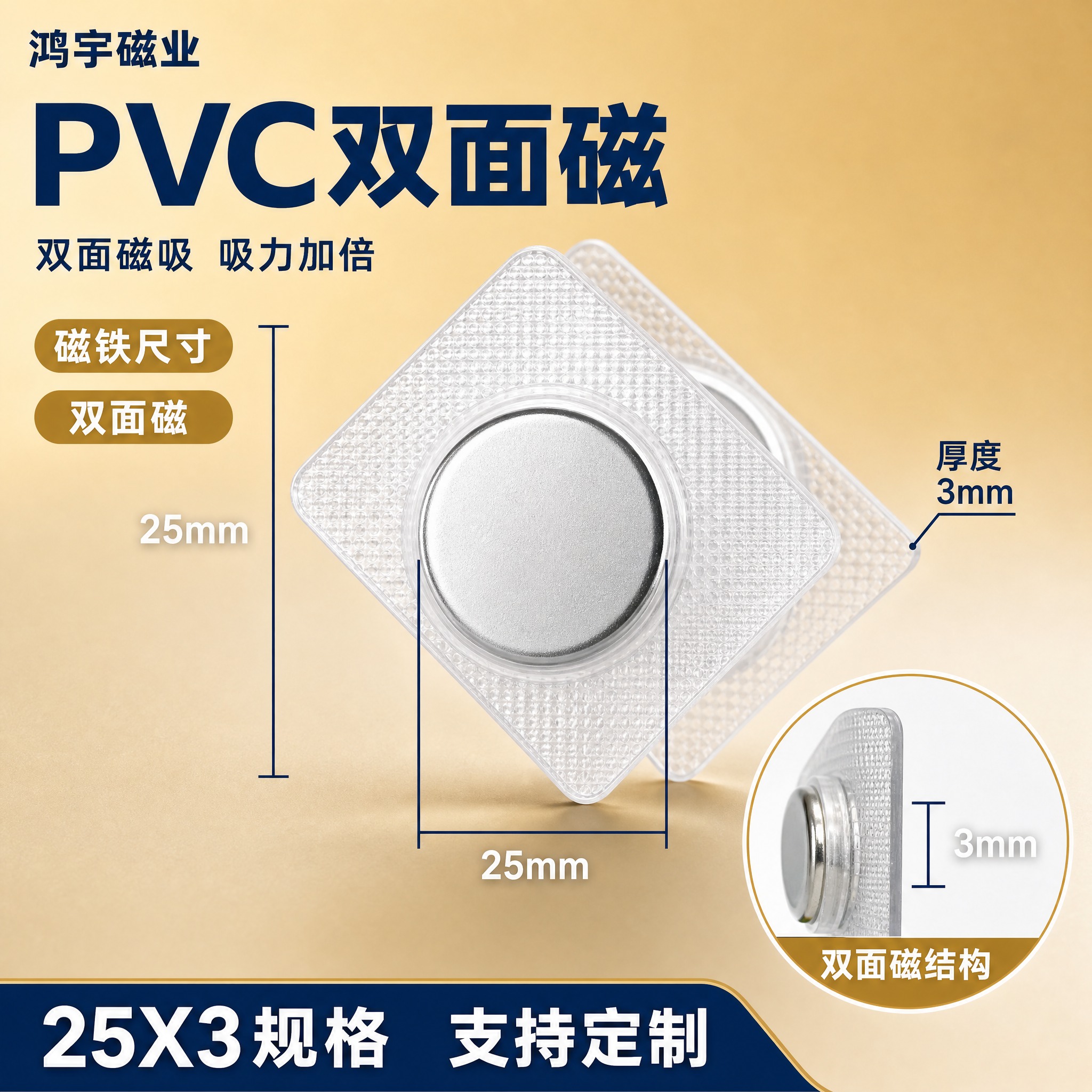 [主图-1] PVC双面磁 尺寸规格图，25X3磁铁尺寸参数展… - 图片创意预览