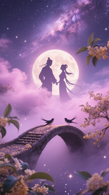 银河被梦幻粉紫烟雾晕染，牛郎织女剪影映于桂花满月，鹊桥散成星沙，风带花香预览效果