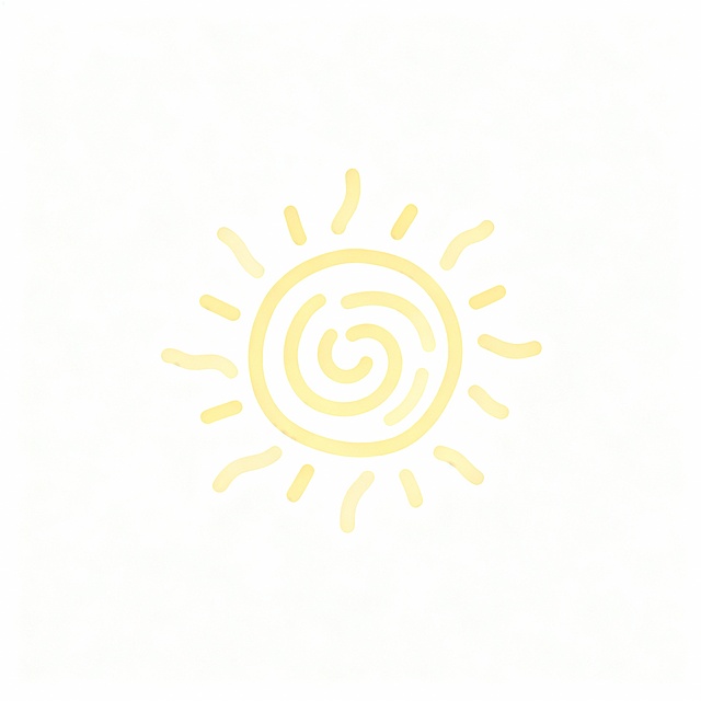 流畅的线条感，有线条画出来的卡通小太阳，浅黄色，线条流畅，纯白色背景，太阳又一圈一圈的线条构成。