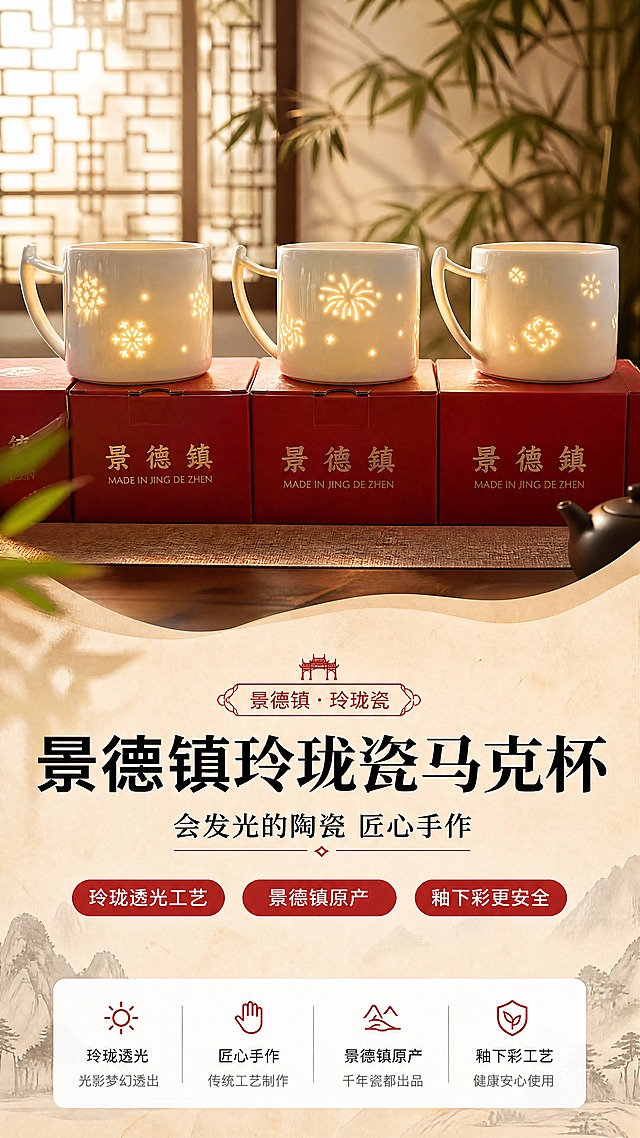 [商品] 使用【图2】三款景德镇玲珑瓷马克杯全家福（左雪花款、中烟花款、右花影款）；保留白瓷材质、玲珑透光孔洞图案、弧形陶瓷把手、红色景德镇礼盒包装、杯身比例与结构；增强玲珑孔透光效果，让光线从杯身透出更明显，修复杯身反光与杂影。
[画面] 第1张头图海报，目标突出景德镇玲珑瓷高颜值与透光工艺；上下构图，上半部分三款杯子并排陈列于新中式茶席桌面，杯中暖光透出玲珑孔形成梦幻光斑，产品占画面60%；下半部分大标题区；前景茶席、中景三款杯子、后景虚化中式窗棂与竹影；阅读动线从上到下。
[视觉] 套系策略：风格=新中式雅致国风商业摄影；标题字=粗黑体+宋体组合，大气醒目；正文字=清晰无衬线黑体；主色=温润瓷白+中国红；背景延展=基于米白暖调做深浅层级、同色渐变和宣纸/木纹质感；强调色=朱砂红，仅用于小面积图标、引线、标签和价格标；标题色=深墨黑；正文色=深炭灰；组件=圆角白底信息卡、细线引线、红色胶囊标签；光影=左前侧暖柔光，玲珑孔透光效果明显，整体温润明亮。
[文字] 画面下方大标题区，主标题"景德镇玲珑瓷马克杯"超大字号醒目，副标题"会发光的陶瓷 匠心手作"，下方3个红色胶囊卖点："玲珑透光工艺""景德镇原产""釉下彩更安全"；文字横排，不遮挡杯身主体。
[规格] 拼多多详情页，单屏比例9:16竖版，分辨率4K，质量medium；避免变形、错字、文字过小、冷蓝灰背景、杯子颜色改变、玲珑孔图案失真、出现平台Logo水印。