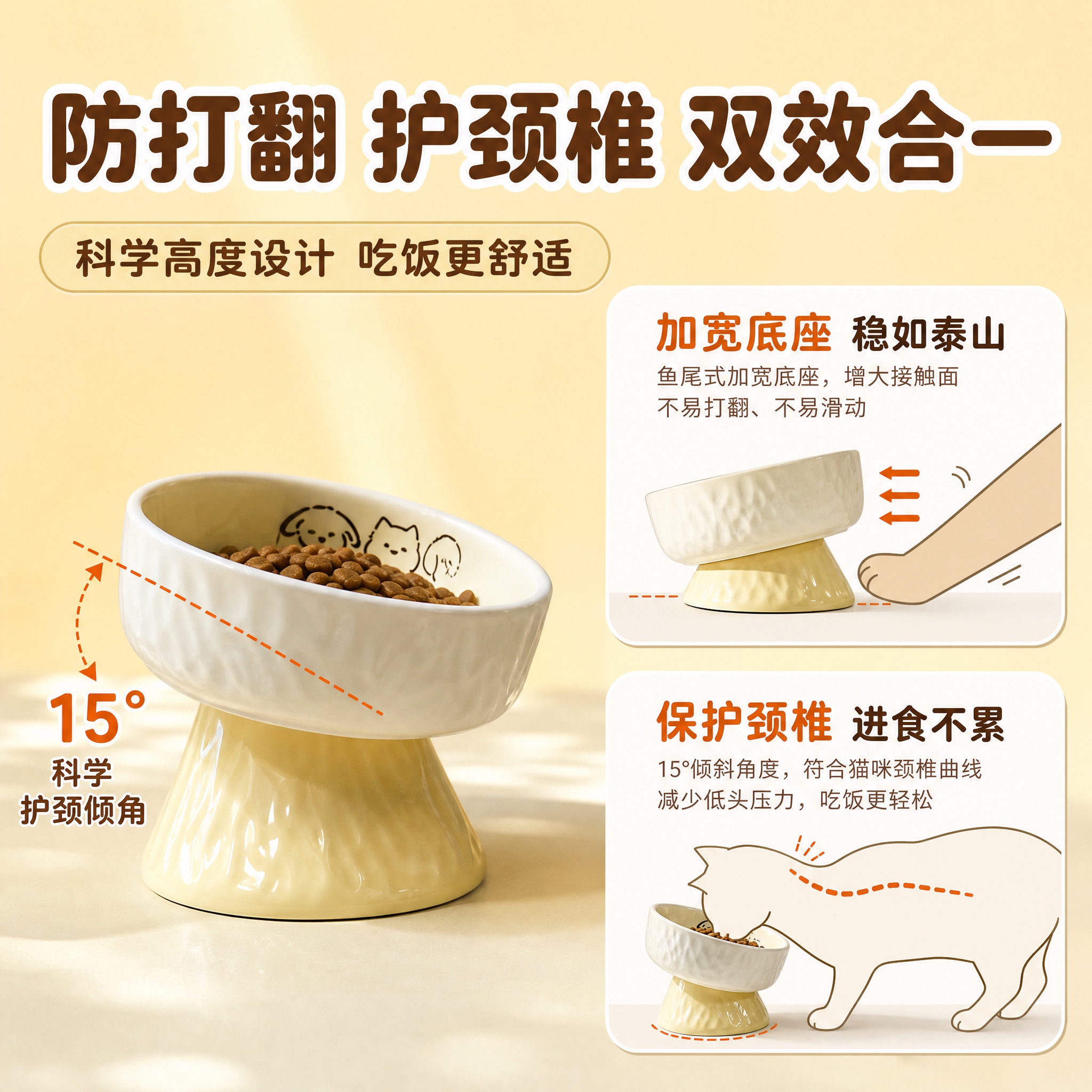 [主图-2] 拼多多宠物陶瓷高脚双碗核心卖点图，核心任务：展示… - 图片创意预览