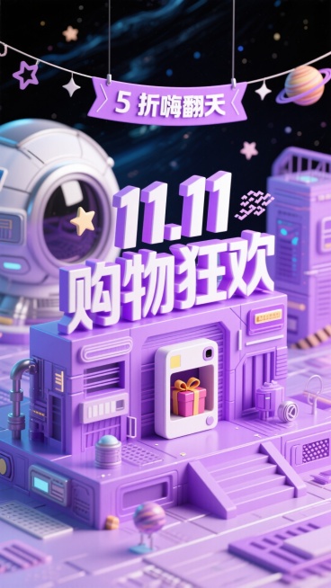以紫色机械风为主色调，前景是立体字组成的醒目太空风建筑， “11.11购物狂欢” 立体大字（白与紫渐变，配星球、星星、乱码等装饰）及下方 “5 折嗨翻天” 横幅；中间拍立得状装置（内有礼物）；背景是太预览效果