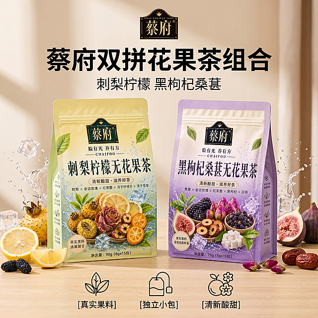 [单张主图] 蔡府组合花果茶 高级氛围感双拼主图，展示两款不同口味养生茶。
[画面主体] 两款蔡府花果茶包装袋一黄一紫前后错落摆放，刺梨柠檬无花果茶包装在前左，黑枸杞桑葚无花果茶包装在前右，都完整展示不裁切，保持产品外观、颜色、包装文字、Logo与输入产品图完全一致，杜绝任何变形和色差。主体占画面50%-65%。
[构图版式] 采用双主体清爽背书型，背景为浅原木色台面，搭配散落的真实原料：新鲜刺梨切片、柠檬角、桑葚果、无花果块、干玫瑰，周围点缀透明冰块和飞溅的水珠，强化冰饮鲜爽氛围。
[文案版式] 顶部居中保留蔡府品牌Logo，大号字体主标题"蔡府 双拼花果茶组合"，下方小字标注"刺梨柠檬 黑枸杞桑葚"。画面底部放置三个轻图标卖点：真实果料 独立小包 清新酸甜，使用线稿图标搭配短句。
[光影质感] 自然柔和侧窗光，浅景深背景虚化，突出产品主体质感。水果与冰块带有通透光泽，水珠立体感强，包装纹理清晰，整体商业摄影高级质感。
[配色字体] 主色调为浅原木暖底色，搭配产品本身的黄紫撞色，绿色叶片做点缀，色彩和谐自然。字体使用细无衬线，主标题粗体偏大，副文案小字轻量，清晰不抢主体。
[比例分辨率] 1:1 比例，2K分辨率，文字清晰可辨。
[负向提示词] 变形，水印，文字错乱，产品模糊，背景杂乱，遮挡主体，错字，伪Logo