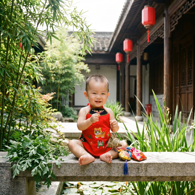 摄影写真，周岁男宝宝，佩戴传统红色五毒刺绣婴儿肚兜，端午节户外中式庭院场景，纪念照片，画面无文字，保持肚兜刺绣图案不变，真实自然摄影风格，1:1正方形构图预览效果
