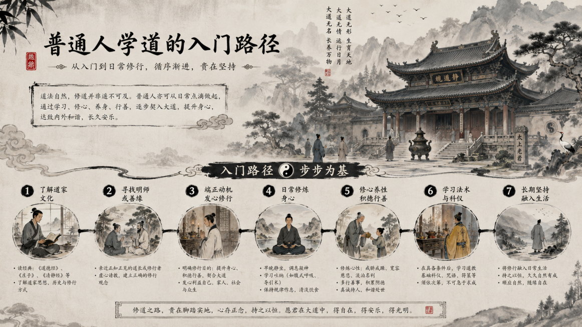 普通人学道的入门路径，带有古风水墨风格，展示传统道观、入门修行内容预览效果