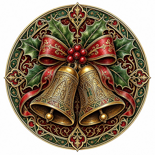 Christmas sticker, medieval illuminated manuscript style, a pair of golden Christmas bells with holly and red ribbons, circular composition 800x800, antique gold and deep green and red colors, gothic metalwork style, isolated on clean white background, e-commerce sticker design, high detail, festive