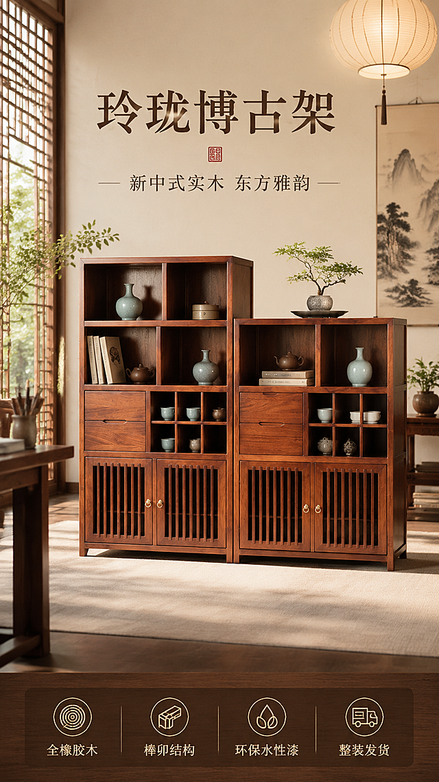 [第1屏] 详情页头图-玲珑博古架新中式主视觉海报。本屏使用【图1】作为商品主体，大小两款博古架组合陈列。
[氛围/风格] 新中式东方雅致风格，禅意书房场景，温润实木质感，商业摄影级高清画质。
[元素布局] 大小两款博古架置于画面中下部，占比约65%；博古架格内摆放茶具、青瓷花瓶、线装书、文玩摆件等中式陈设；背景为新中式书房空间，有宣纸吊灯、水墨挂画、实木书桌一角、绿植盆栽；地面铺浅灰地毯，左侧有中式花窗透进自然光。产品物理结构、比例轮廓、深棕红色橡胶木材质、格栅柜门、抽屉、多格分区与输入图完全一致。
[光影质感] 左侧自然光为主光源，柔和漫射，右侧辅光补亮暗部，柜体底部有自然投影，木纹肌理清晰可见，漆面温润有光泽。
[配色色系] 全局底色 #F5EFE6（米杏色）；主色深棕红实木色；辅助色米白、墨绿、青瓷蓝点缀。
[视角构图] 正面微仰视，产品居中为视觉焦点，阅读动线从上至下：顶部标题 → 中部产品 → 底部卖点条。
[文字版式] 顶部居中主标题「玲珑博古架」，副标题「新中式实木 东方雅韵」；主标题为书法宋体，副标题为细黑体；底部通栏卖点条，四个图标+文字：「全橡胶木」「榫卯结构」「环保水性漆」「整装发货」；文字不遮挡柜体主体。
[比例分辨率] 9:16竖版比例，4K分辨率，文字清晰可辨，高清画质。
[负向提示词] 柜体变形，缺件错件，颜色偏差，水印，文字错乱，产品图模糊，背景杂乱，结构错误。