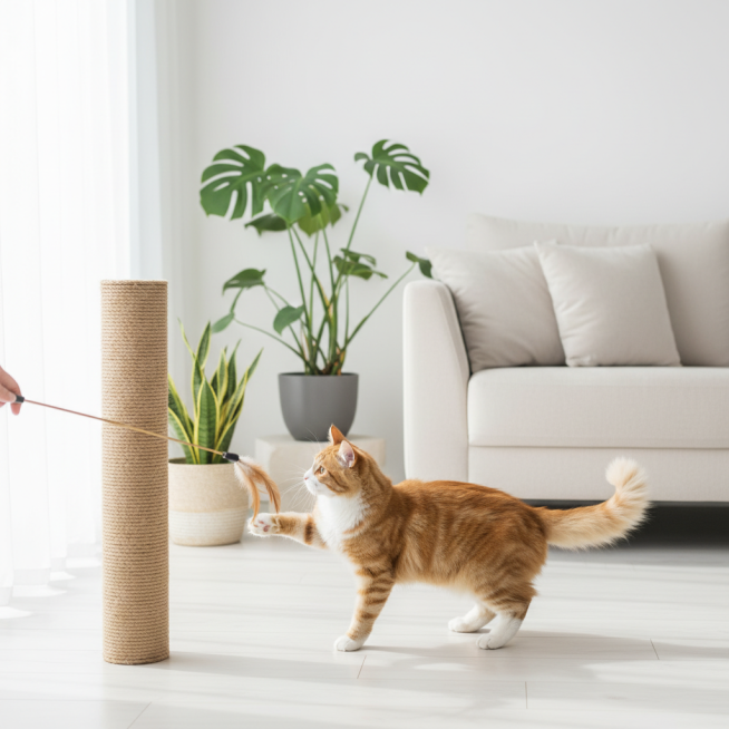 白色简约风格的室内场景，一只橘色猫咪正在玩羽毛逗猫棒，旁边有一个麻绳缠绕的猫抓柱，背景有浅色沙发和绿植，光线明亮柔和，整体画面干净整洁预览效果