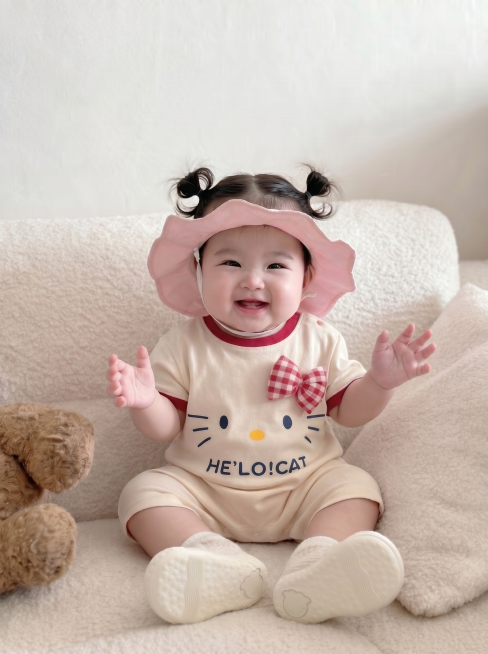 保留这件Hello Kitty衣服和沙发场景，双马尾女孩，换一个别的动作和可爱表情，去掉右下角水印，保持3比4比例预览效果