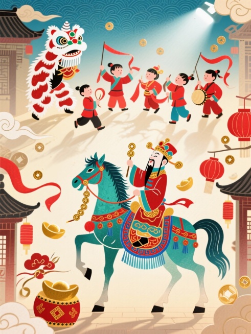 主体是穿红衣的孩童们（有的舞狮头、有的摇红绸、有的敲小鼓），画面下方是财神骑青金色骏马（装饰红蓝回纹、青金流苏，点缀金箔质感），骏马前蹄蹬地，嘴衔铜钱串，神态昂扬；周围环绕舞狮道具、红绸带、金元宝、祥预览效果