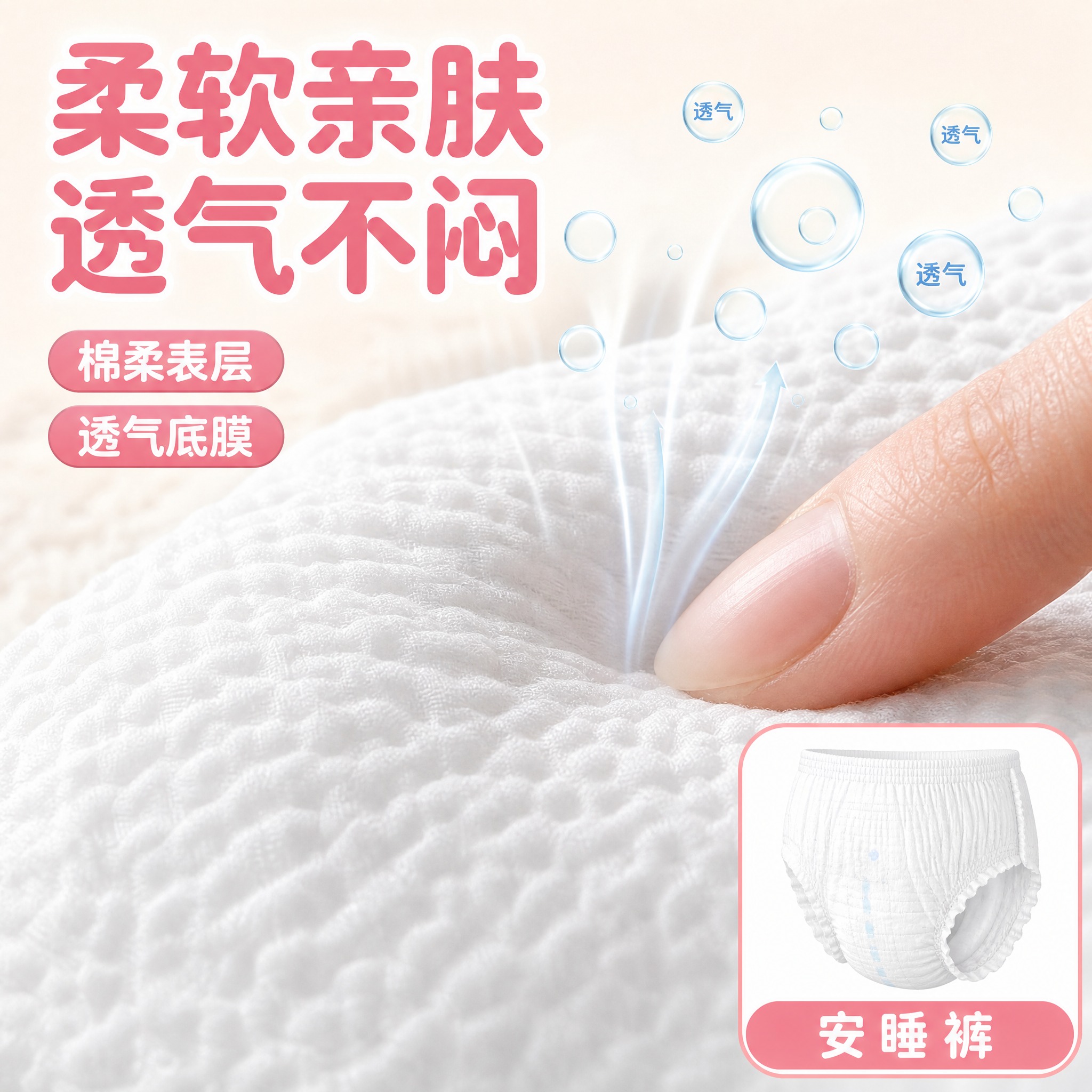 [主图-3] 安睡裤材质细节图 柔软亲肤 透气不闷 微距展示面… - 图片创意预览