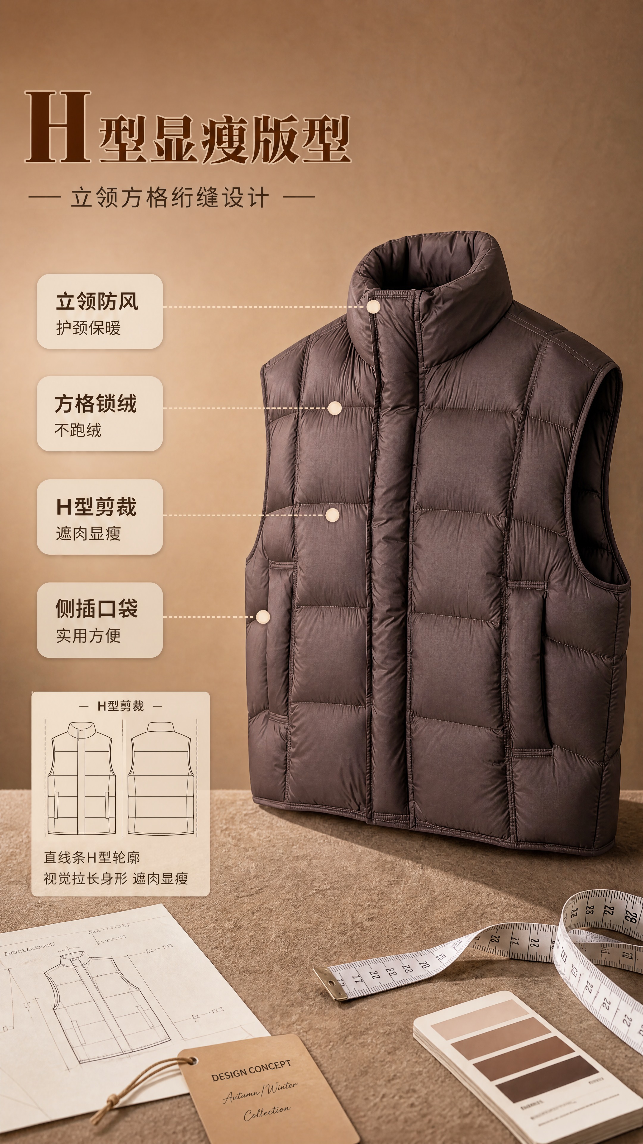 [商品] 使用【图1】深棕色立领方格绗缝羽绒马甲；商品处理：保… - 图片创意预览