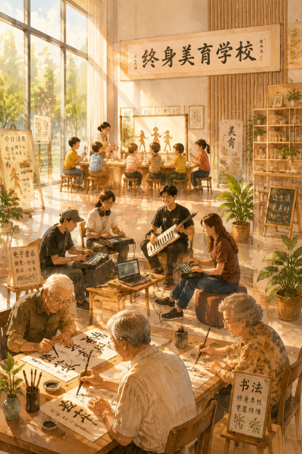 竖版插画，宽敞明亮的现代文化馆大厅，落地窗前：上边区域几个孩子在老师指导下做皮影手工，中间区域年轻人围坐玩电子乐器，下边区域几位老人在写书法。墙上挂着"终身美育学校"的书法横幅。阳光透过玻璃洒进来，暖预览效果