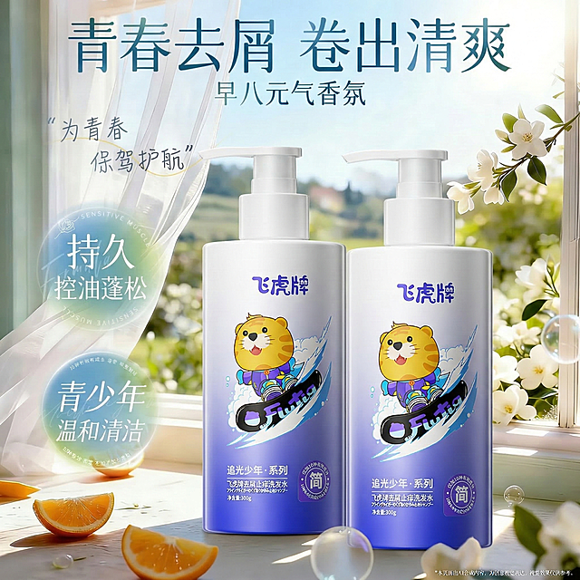 将图1中的两个青少年洗发水瓶子替换为图2的飞虎牌洗发水，严格保留图2瓶身的形状、卡通虎图案、文字等所有设计细节；保留图1的背景、文字、标识、橙子切片、花朵、窗帘等所有其他元素，完全保持原有布局和风格不变