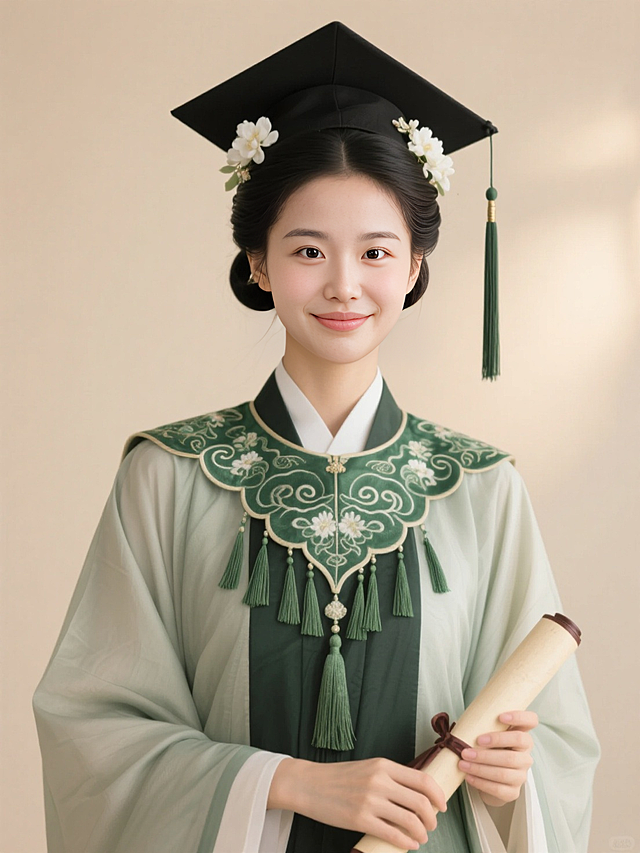 正面照，黑色古风低垂发髻，穿戴学士服学士帽，戴绿色刺绣流苏云肩，学士帽两边都簪了白色的花，手上拿了一个卷轴，半身照，背景浅色质感，暖光