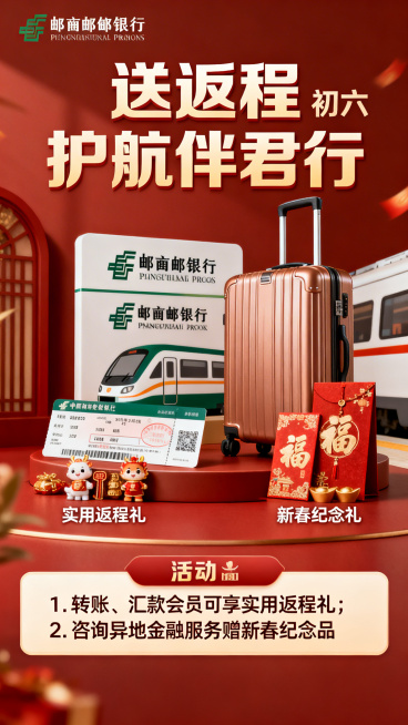 一张邮储银行初六返程主题海报，顶部醒目呈现“送返程 护航伴君行”，中间展示邮储银行标识、行李箱、车票等返程元素，搭配实用返程礼、新春纪念品，底部清晰标注活动信息：“1. 转账、汇款会员可享实用返程礼；预览效果