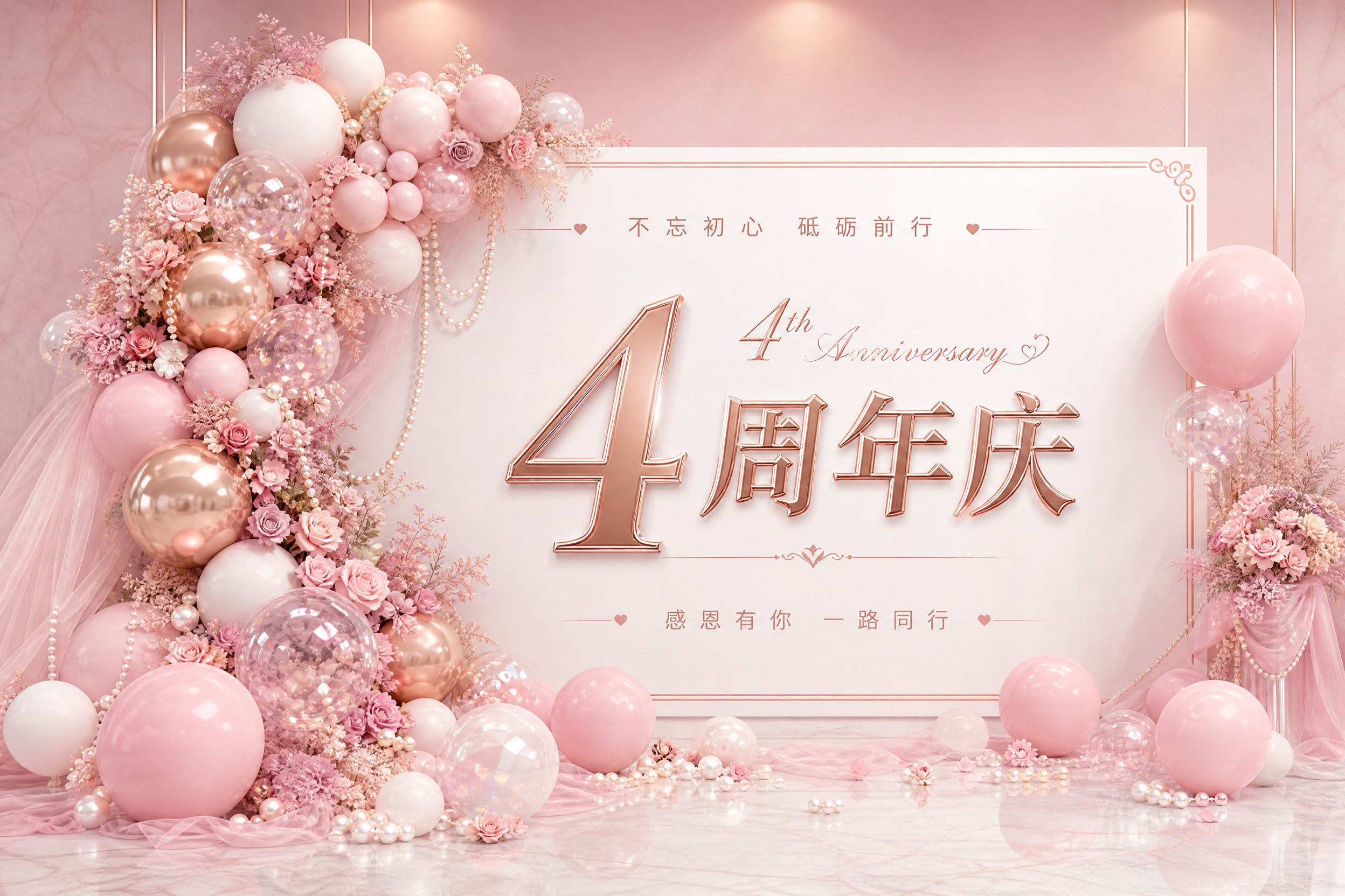 4周年庆活动展板，粉金温柔浪漫风格，粉色和香槟金为主色调。画面… - 图片创意预览