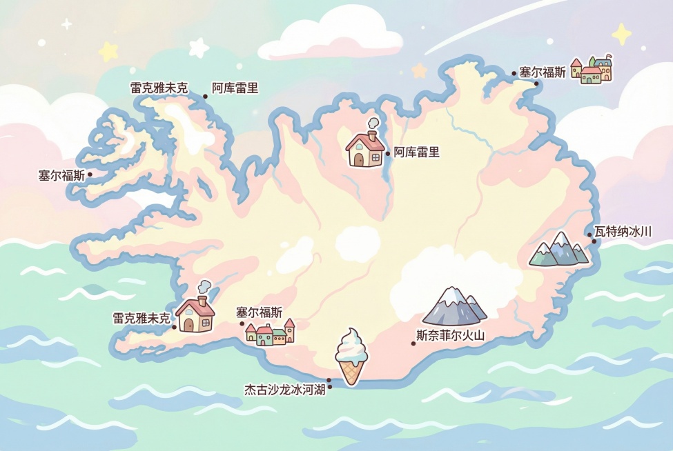 将地图转换为动漫可爱风格，用圆润柔和的线条绘制冰岛轮廓，搭配马卡龙色系，城市用Q版图标标注预览效果