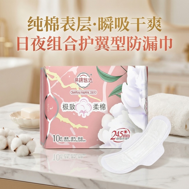 我是网店卖家，产品是女士生理期用品卫生巾，根据你的经验帮我生成一个电商主图，/提升一些包装质感，切记不要出现网络违禁词,略微提升质感包装袋生成的包装主体不能改变，/背景可以更换更适合产品的高级背景/突预览效果