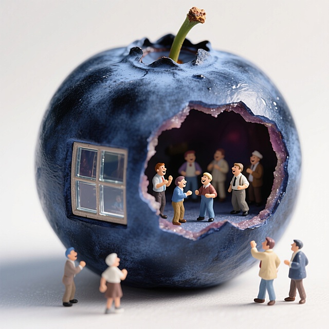 蓝莓内部微缩世界，卡通人物欢聚，趣味感十足，创意独特。