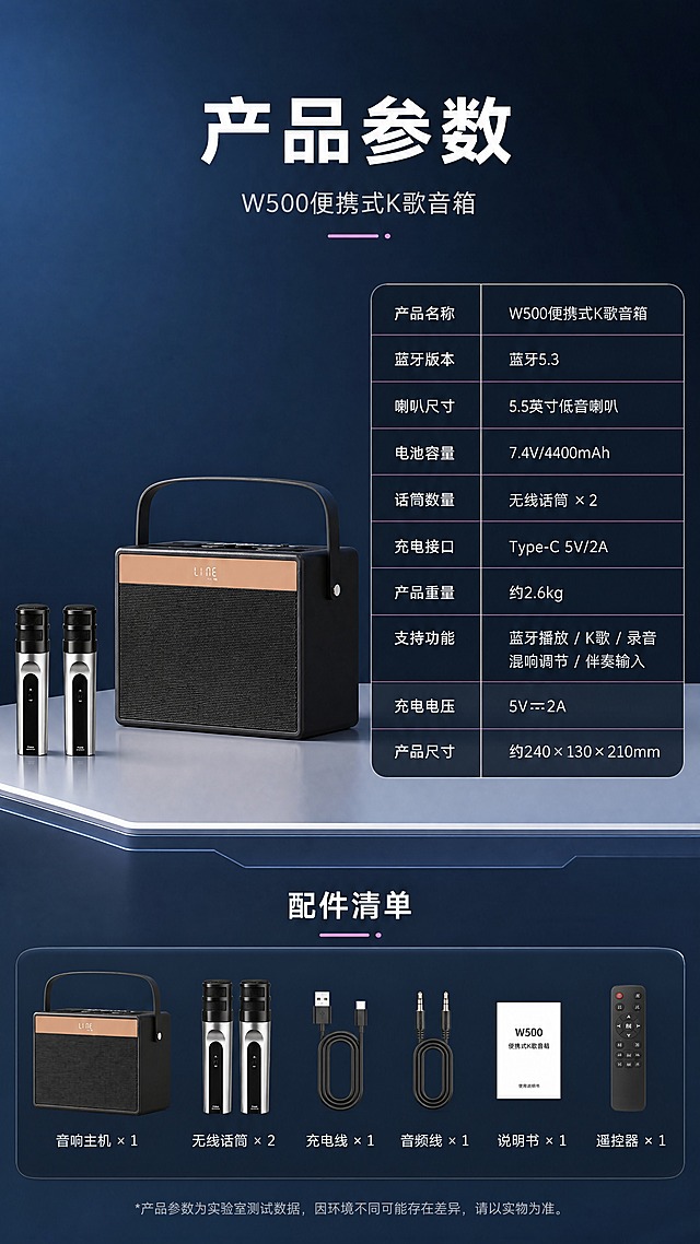 [商品] 使用【图1】【图2】闻歌W500便携式K歌音响一体机；保留黑色主体、香槟金装饰条、提手、双话筒的完整结构、颜色、材质和比例，用于参数页产品展示。
[画面] 目标：§15产品信息-参数表+配件清单，最后一张收口。构图：顶部标题区，中部左侧产品图+右侧参数表，底部配件清单。产品正面图位于左上，占画面约30%。参数表为深色圆角表格，位于右侧。配件清单在底部横向排列。背景：深蓝渐变+底部浅灰台面，科技感收尾。
[视觉] 套系策略：风格=科技轻奢3D商业渲染；标题字=现代无衬线粗体大字；正文字=简洁无衬线体；主色=深蓝藏青色；背景延展=深蓝渐变顶部+浅灰底部，沉稳收尾；强调色=香槟金+紫粉色，仅用于标题和表格分隔线；标题色=白色；正文色=浅灰白色；组件=深色圆角参数表、细线分隔、配件图标；光影=均匀柔光，产品底部有投影。
[文字] 顶部主标题："产品参数"（白色大字），副标题："W500便携式K歌音箱"（浅灰小字）。参数表包含：产品名称、蓝牙版本、喇叭尺寸、电池容量、话筒数量、充电接口、产品重量、支持功能等8-10项参数（合理数值范围）。底部配件清单：音响主机、无线话筒×2、充电线、音频线、说明书、遥控器。文字均横排，清晰可读。
[规格] 图片比例9:16竖版，4K分辨率，负向提示：避免变形、错字、文字过小、产品颜色改变、结构失真、竖排文字、绝对化用语、虚构精确参数。