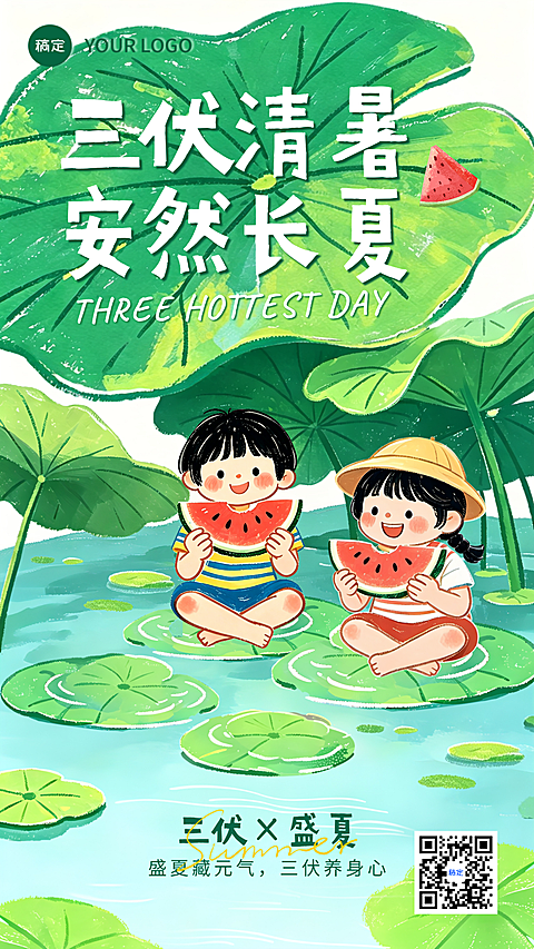 三伏天夏季问候祝福卡通绿色童趣风竖版海报