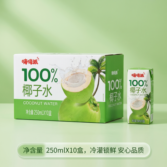 [主图-5] 整箱规格卖点展示主图。
[氛围风格] 简约清晰突出产品规格；
[画质] 商业摄影质感、光线柔和通透、产品清晰真实、画面干净高级。
[元素] 嗨嗨派100%椰子水整箱包装盒正面完整展示，旁预览效果