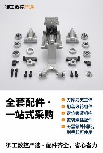 2:3竖版电商详情图，工业科技风，严格还原上传的数控刀库刀夹产品图，包括包装设计、颜色、LOGO位置、文字内容、图案元素等所有细节；产品外观必须与参考图完全一致，不得改变包装设计、配色方案或品牌元素；预览效果