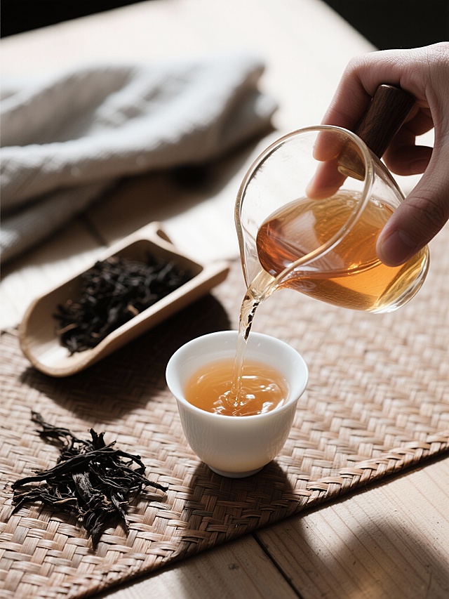 中式茶事静景，光影交织于竹编纹理之上，水墨般氤氲的茶香与质朴器物相融，重拟物手法再现东亚风韵，温馨而静谧。