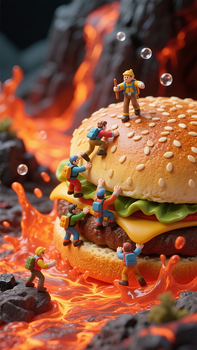 汉堡包外壁上攀爬着微型探险者，岩浆背景