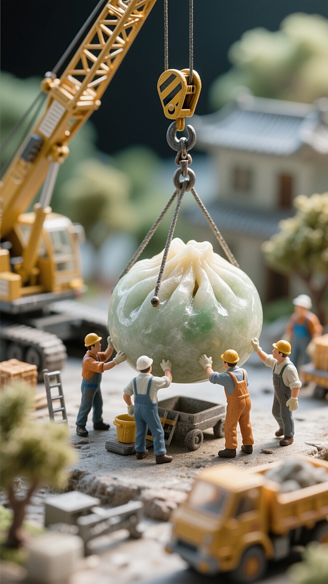 微缩艺术风，卡通小人合力搬运巨型包子，趣味感十足，创意独特。