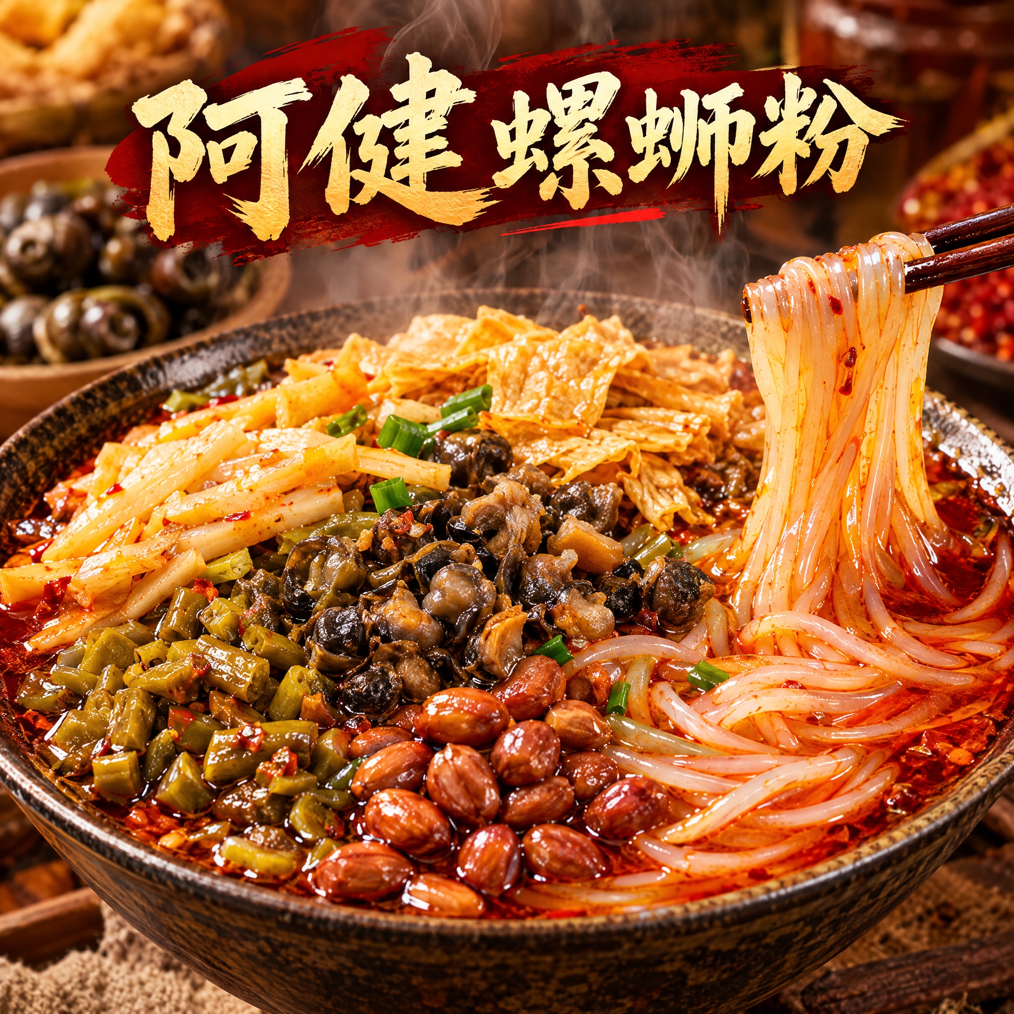 螺蛳粉美食头像设计，店名"阿健螺蛳粉"，一碗热气腾腾的正宗螺蛳… - 图片创意预览