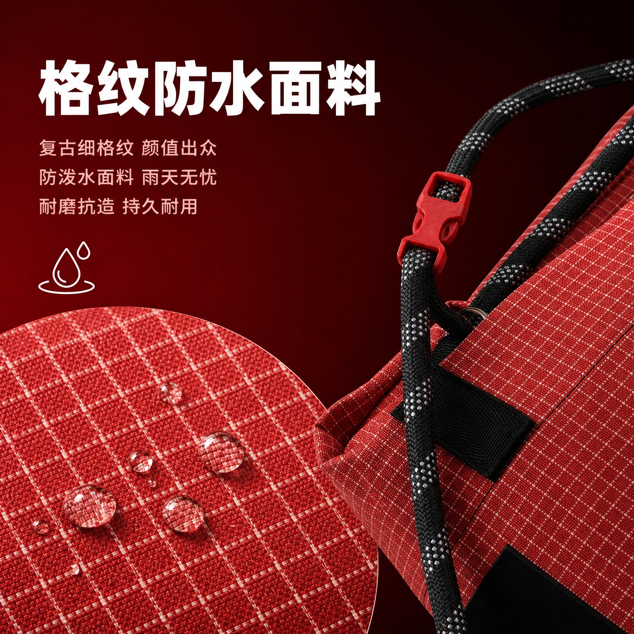 [主图-3] 红色格纹攀岩绳托特包面料材质卖点图，突出格纹防水… - 图片创意预览