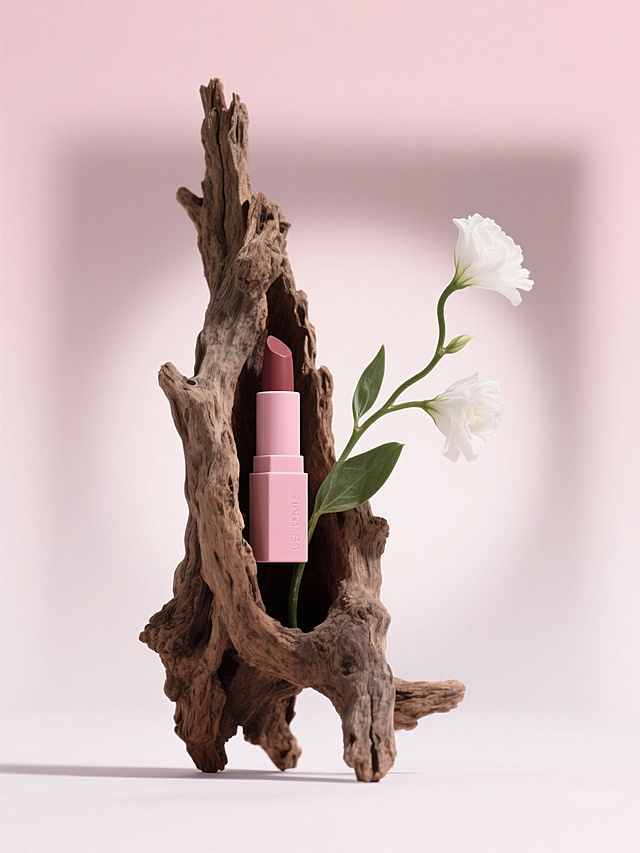 以渐变浅粉色为背景，用造型古朴的枯木作为主体架构，嵌入粉色外壳口红，搭配带白色花朵、绿叶的弯曲花枝