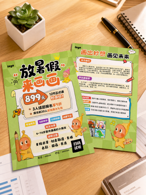 木质办公桌面场景，两张A4宣传单轻微重叠放置，俯视斜45度视角，第一张是图片1，第二张是图片2，保持宣传单内容完整不变，桌面上搭配白色多肉盆栽、黑色钢笔、线圈笔记本、文件资料，暖黄色自然光，柔和阴影，预览效果