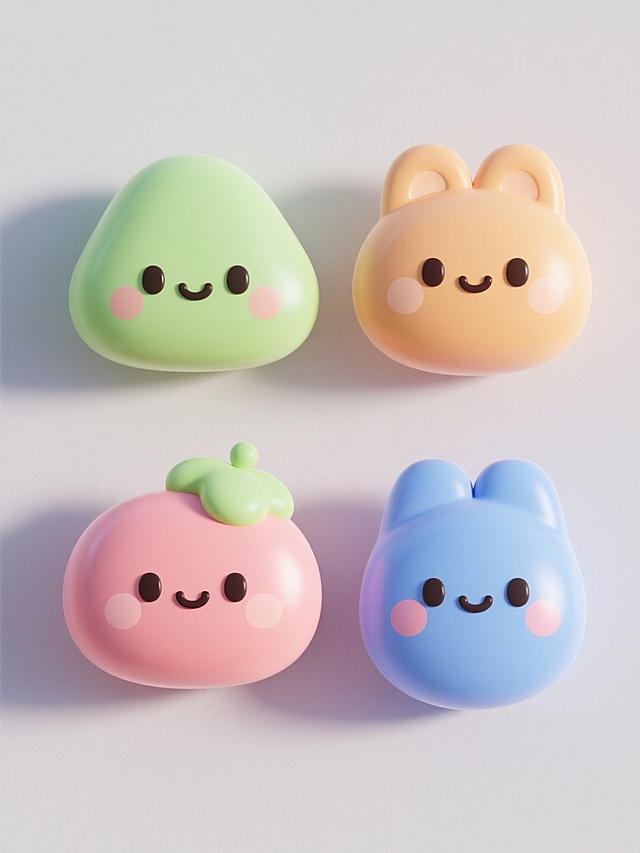 一组4个不同配色、不同样式的3D材质可爱元素，采用干净简约的设计风格，每个元素都具有圆润的轮廓和光滑的表面质感，符合现实物理逻辑，色彩鲜明柔和，光影过渡自然，适合作为通用设计素材使用，元素之间保持适当间距，整体构图平衡协调。