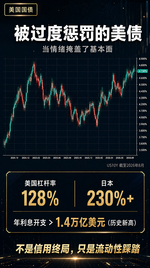在保持原有海报整体设计、配色、K线走势、版式结构不变的基础上，将左上角标签内的文字"美元债券"修改为"美国国债"，其余所有内容完全保持原样。