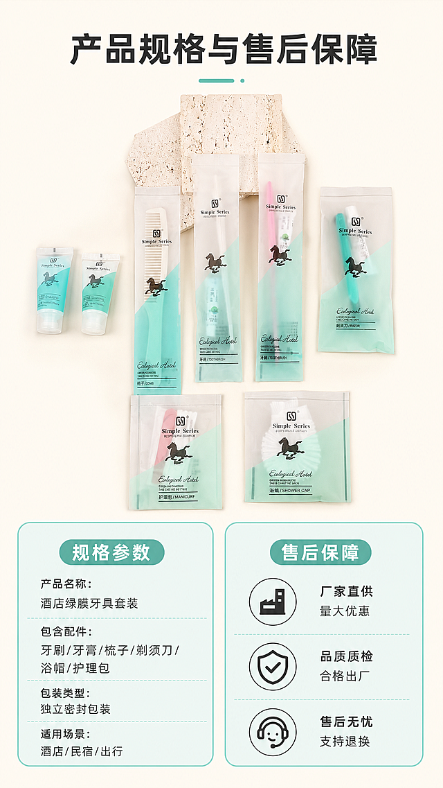 [第8屏] 详情页规格保障屏-酒店绿膜牙具套装规格参数与售后保障。
[氛围/风格] 简约信息卡风格，干净整洁，信息清晰易读，简约商业排版质感。
[元素布局] 画面上半部分放置全套牙具产品小图，保持产品整体外观、颜色、包装和输入产品图一致，产品占上半部分约40%区域；下半部分为参数信息卡，用浅绿卡片承载文字信息，卡片分两栏排列，左侧为规格参数，右侧为售后保障，背景为浅米色纯色。
[光影质感] 整体均匀柔光，产品和文字信息都清晰明亮，没有明显阴影，信息卡边缘清晰，阅读舒适。
[配色色系] 全局底色：#F7F3E9（浅米）；信息卡背景：#E8F5F1（浅绿）；文字：#2D3436（深灰）；边框：#A3E4D7（浅绿）。
[视角构图] 从上到下构图，产品在上信息在下，结构清晰对称，移动端竖屏阅读一目了然。
[文字版式] 顶部主标题「产品规格与售后保障」深灰色粗体字；参数栏标注：「产品名称：酒店绿膜牙具套装」「包含配件：牙刷/牙膏/梳子/剃须刀/浴帽/护理包」「包装类型：独立密封包装」「适用场景：酒店/民宿/出行」；售后保障栏用三个图标配文字：「厂家直供 量大优惠」「品质质检 合格出厂」「售后无忧 支持退换」，文字清晰排版整齐，不遮挡产品。
[比例分辨率] 9:16 竖版比例，4K分辨率，文字清晰可辨，超高清。
[负向提示词] 产品变形，缺件错件，文字模糊，排版混乱，颜色偏差，水印，虚假信息，诱导按钮。