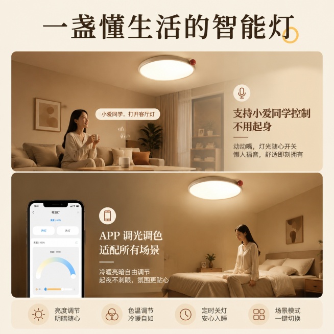 生成正方形1:1吸顶灯智能场景主图，参考图2暖米色调，主标题：一盏懂生活的智能灯，版式为上下两格场景拼图：上格展示客厅语音控灯场景，搭配文案：支持小爱同学控制 不用起身；下格展示卧室起夜柔光场景，搭配预览效果