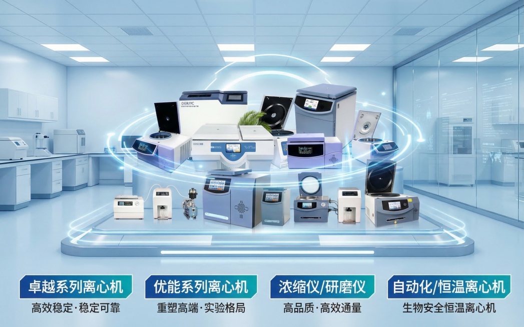 离心机产品灯箱背景海报，医疗科技风格，浅蓝色洁净医疗实验室背景，科技感线条和光晕元素，整体大气简洁，画面上方预留空白logo位，保留原图中的离心机产品预览效果