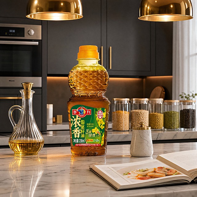 超写实食品电商摄影。
主体：菜籽油瓶严格参照上传产品图，完整保留所有可见组件、部件、轮廓、结构、比例、材质、颜色与产品本体上的文字信息（logo/型号/规格/参数/标签文字等），与上传图完全一致；自然融入场景光影，与场景共处同一物理空间。产品占画面约50%，完整不裁切，背景无其他同类食用油产品。
构图：正面微侧5°平视，对称构图，中景。
风格：轻奢现代厨房。
场景：现代轻奢开放式厨房场景，高级质感。
空间/承载：①产品平稳放置于中岛台白色大理石台面上，带灰色自然纹理；②背景为深灰色哑光烤漆橱柜，配金色长拉手；③上方悬挂两盏金色球形吊灯，暖光向下。
陪衬/道具：①瓶身左侧，一只金边透明玻璃醒油瓶，内盛少量金黄色油液；②瓶身右前方，一只白色大理石纹调料研磨器，金色顶盖；③中岛台后方，一排透明玻璃密封罐，分别装着五谷杂粮；④台面右下角，一本摊开的精装食谱书，米白色书页；⑤背景处可见不锈钢嵌入式烤箱一角。
配色/材质：白色 / 深灰 / 金色 / 琥珀黄 / 银灰；大理石 / 烤漆 / 金属 / 玻璃 / 纸质。
光影：主光从上方金色吊灯打下，暖黄色聚光柔和照亮产品；辅光为右侧落地窗自然光补充，冷调平衡；整体明暗层次丰富，高级轻奢质感。
参数：4K 写实光追，商业食品摄影质感。严格锁定宽高比为1:1。