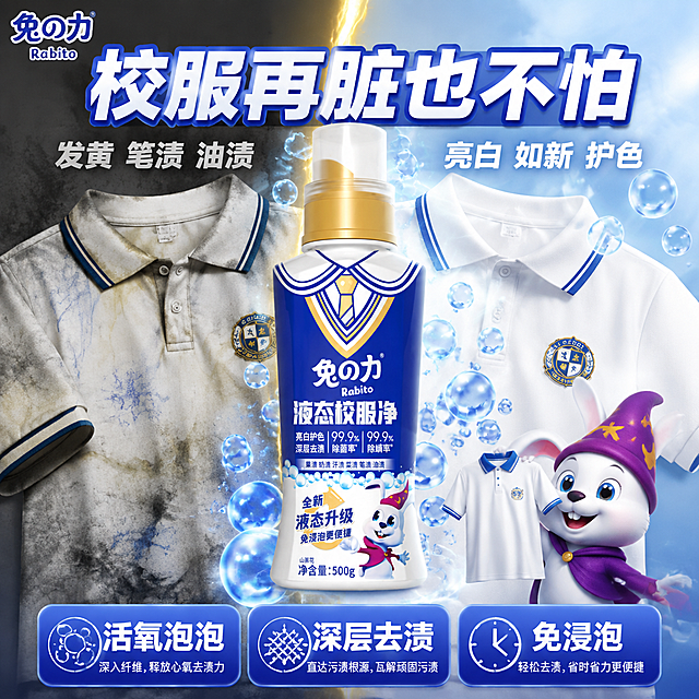 [主图-1] 兔之力液态校服净首图 痛点冲击型 校服污渍对比首图
[氛围风格] 强对比冲击风 抖音爆款吸睛型 蓝白洁净主调
[画质] 商业摄影质感 对比强烈 产品清晰真实 超高清细节
[元素] 画面左右分屏对比 左侧是脏校服 领口袖口发黄 有笔渍油渍 灰暗色调 右侧是洗后洁白如新的校服 明亮洁净 中间有一道明显的分界线 分界线上方有金色闪电特效。产品瓶身横跨分界线 位于画面中央 占比约50% 保持兔之力液态校服净产品外观与输入产品图完全一致 瓶身蓝白配色 金色泵头 卡通兔子图案 文字标签全部完整保留 杜绝变形和色差 精细化处理。瓶身周围环绕蓝色活氧泡泡 泡泡从产品向右侧洁净区扩散。右下角戴紫色魔法帽的卡通兔子IP 兔子举着一件干净校服 笑容灿烂。左上角放置从产品提取的兔之力品牌Logo。
[光影] 左侧脏衣区偏暗 冷灰调 右侧洁净区明亮 蓝白光感 产品区域最亮 形成视觉焦点 瓶身有清晰高光 泡泡通透有折射光
[配色] 主色 洁净白 + 科技蓝 对比色 左侧灰黄脏污感 辅色 金色闪电和泵头 强调色 紫色兔子 整套色板统一
[视角构图] 正面平视 左右对比构图 产品居中横跨两区 视觉冲击力强 画面满屏无边框
[文字版式] 顶部大标题"校服再脏也不怕" 白色粗体大字带蓝色描边 横跨两区。左侧脏衣区上方小字"发黄 笔渍 油渍" 灰色。右侧洁净区上方小字"亮白 如新 护色" 白色。底部三列圆角信息卡 蓝底白字 分别为"活氧泡泡""深层去渍""免浸泡" 主词最大号粗体 说明文字小号
[输出要求] 1:1比例 文字清晰锐利 超高清商业摄影质感
[负向提示词] 变形 文字错乱 产品图模糊 背景杂乱 水印 电商平台Logo 多余的手 畸形手 人物面部扭曲