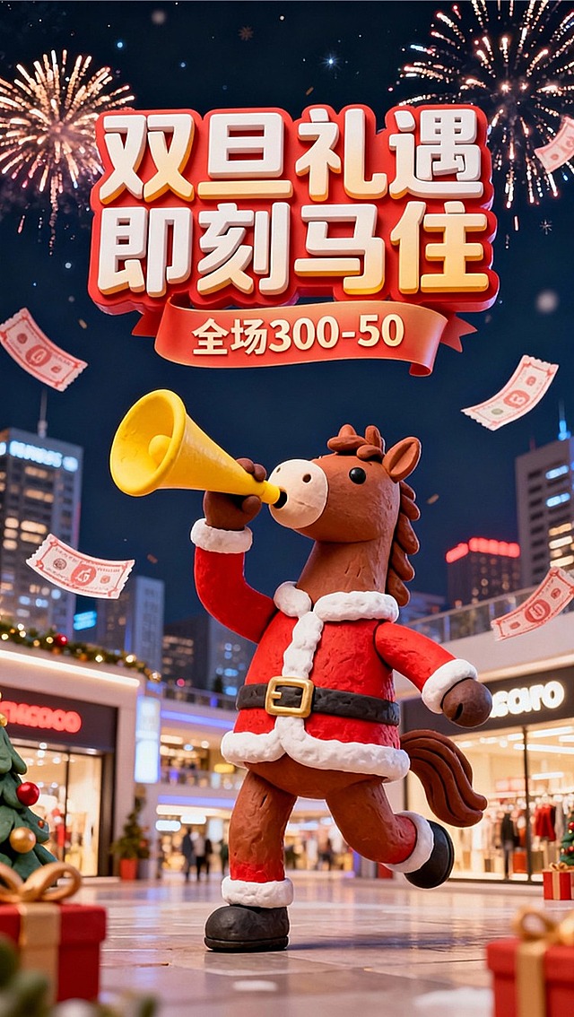 3D卡通粘土风格，个性的棕色拟人马，红色圣诞衣，举黄色喇叭吹奏，活泼动作，画面顶部巨大的3D创意变形艺术字 “双旦礼遇  即刻马住”（下行小字：“全场300-50”），周围优惠卷飘着，背后城市和商场，夜晚天空绽放烟花
