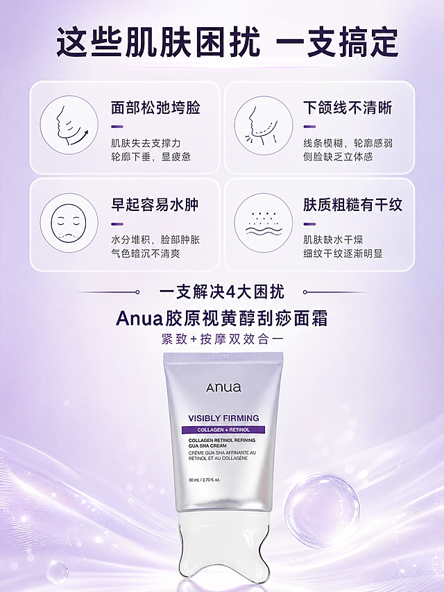 [商品] 使用【图1】Anua胶原蛋白视黄醇紧致刮痧面霜；保留产品外观、颜色、Logo、刮痧按摩头结构；产品位于画面底部中央，作为解决方案锚点。
[画面] 目标：适用人群与肌肤困扰匹配，困扰卡片型版式。构图：上方2×2网格排列4张困扰卡片，每张卡片含困扰图标+标题+简短描述；下方放置产品大图，配「一支解决4大困扰」的引导文案。前中后景：前景4张半透明圆角卡片悬浮，中景产品主体，后景淡紫色渐变柔光背景，≥3层视觉层次。
[视觉] 套系策略：风格=韩系高级轻医美商业摄影；标题字=现代无衬线粗体（纤细优雅）；正文字=简洁无衬线体；主色=淡薰衣草紫+银白；背景延展=基于淡紫银白做深浅渐变、柔光光晕、水光粒子质感；强调色=深紫（仅用于小面积icon、引线、标签）；标题色=深炭灰紫；正文色=中灰紫；组件=圆角半透信息卡、细线引线、圆形icon；光影=左前侧柔光，整体通透干净。
[文字] 顶部主标题「这些肌肤困扰 一支搞定」；4张卡片分别为：「面部松弛垮脸」「下颌线不清晰」「早起容易水肿」「肤质粗糙有干纹」；底部产品上方配文「Anua胶原视黄醇刮痧面霜 紧致+按摩双效合一」。文字均横向排版，字号保证手机端清晰可读。
[规格] 图片比例3:4竖版，4K，负向提示：避免医疗功效承诺、治疗类表述、产品变形、文字竖排、极限词、冷蓝背景。