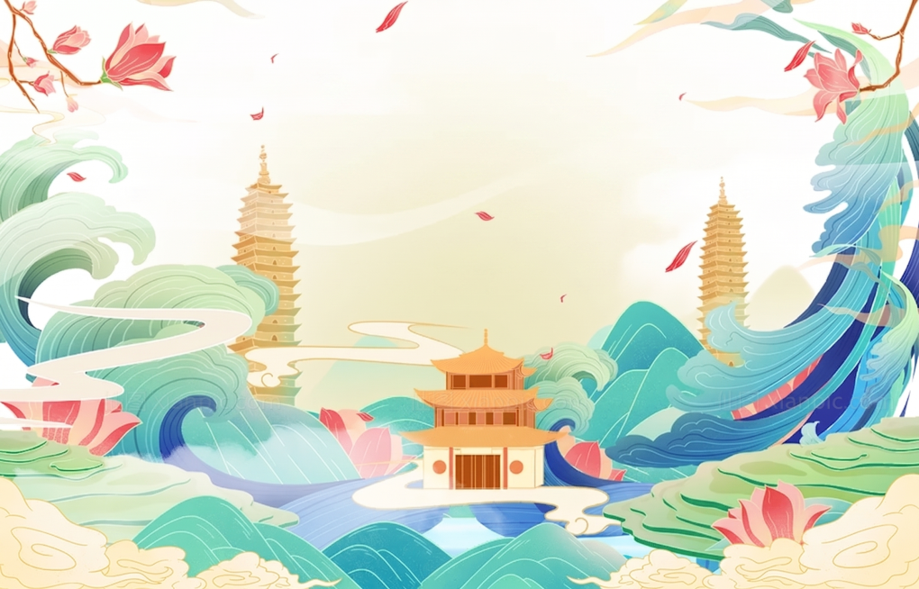去掉图片中所有文字，保持原图的国潮插画风格、建筑和山水花卉元素不变，保持整体画面协调一致预览效果
