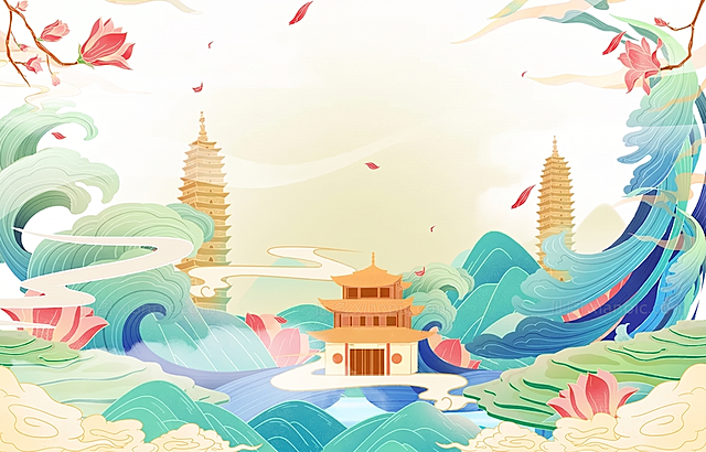 去掉图片中所有文字，保持原图的国潮插画风格、建筑和山水花卉元素不变，保持整体画面协调一致