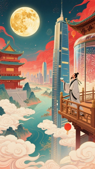 一侧，古代木质观景台，古代文人聚此，举着酒樽、凭栏望圆月、山河；另一侧，现代摩天楼高空观景舱，现代游客透过全景玻璃，赏烟花，背景古楼阁与城市高楼相融合，明月照。整体画面充斥着华丽的金色和喜庆的红色，奇预览效果