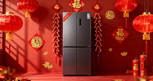 冰箱海报，，红色新年元素，不需要加文字，尺寸为750x400px