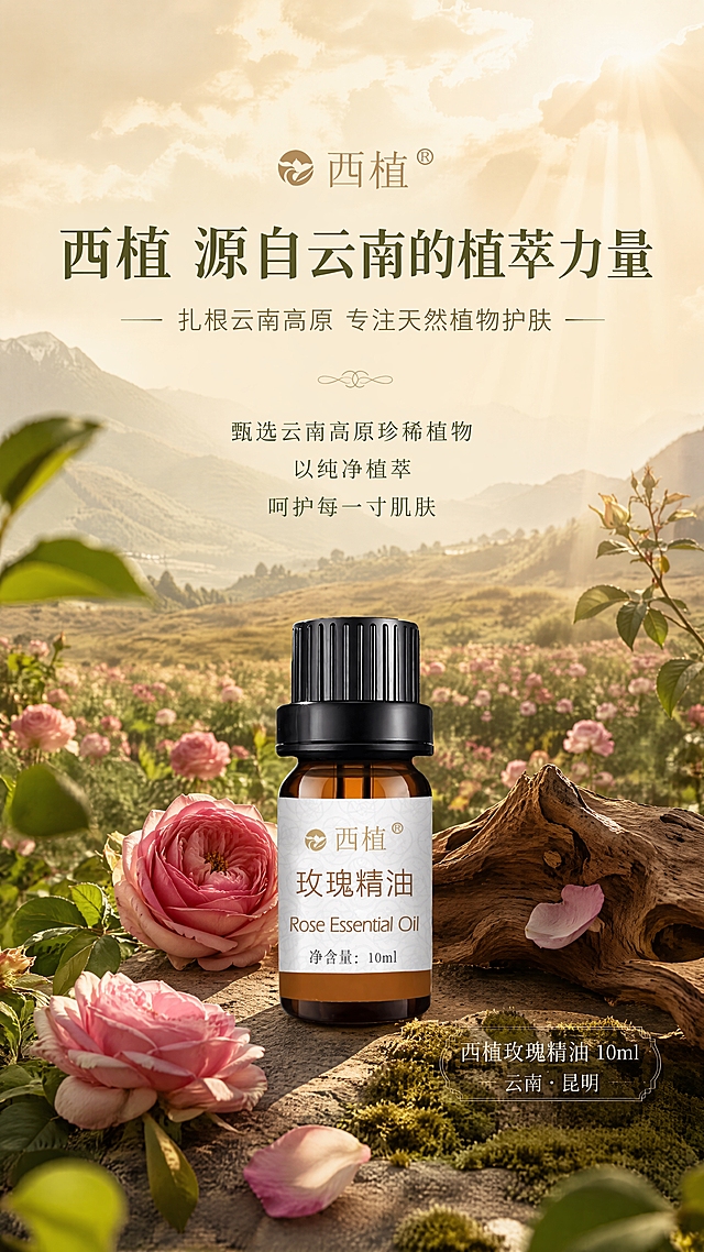 [第12张] 详情页品牌故事篇-西植云南植萃品牌理念。本张使用【图1】作为商品主体，产品精修高清。
[氛围/风格] 自然品牌故事感，云南高原植萃情怀，大品牌温度感，暖调清新色系。
[元素布局] 画面上半部分为云南高原玫瑰园远景/山峦淡影，下半部分精油瓶置于中央，占比约25%，周围环绕玫瑰、绿植、沉木、沙石；背景为浅米色渐变，有阳光穿透云层的光束效果；瓶身结构、颜色、标签与输入产品图一致。
[光影质感] 自然日光从上方洒下，有丁达尔光束效果，整体温暖治愈，光影层次丰富，自然氛围感强。
[配色色系] 全局底色 #F5EFE0（浅暖米黄色）；主色草木绿、玫瑰粉；辅助色暖金阳光、深棕沉木。
[视角构图] 上远景下产品的上下构图，微俯视角度，阅读动线从上方向下汇聚到产品。
[文字版式] 顶部主标题「西植 源自云南的植萃力量」，副标题「扎根云南高原 专注天然植物护肤」；中部品牌理念文字：「甄选云南高原珍稀植物 以纯净植萃 呵护每一寸肌肤」；底部产品旁标注「西植玫瑰精油 10ml 云南·昆明」。
[比例分辨率] 9:16竖版比例，4K分辨率，文字清晰可辨，高清画质。
[负向提示词] 产品变形，标签文字错乱，深色背景，水印，文字过小，风景不真实，产品图模糊。
